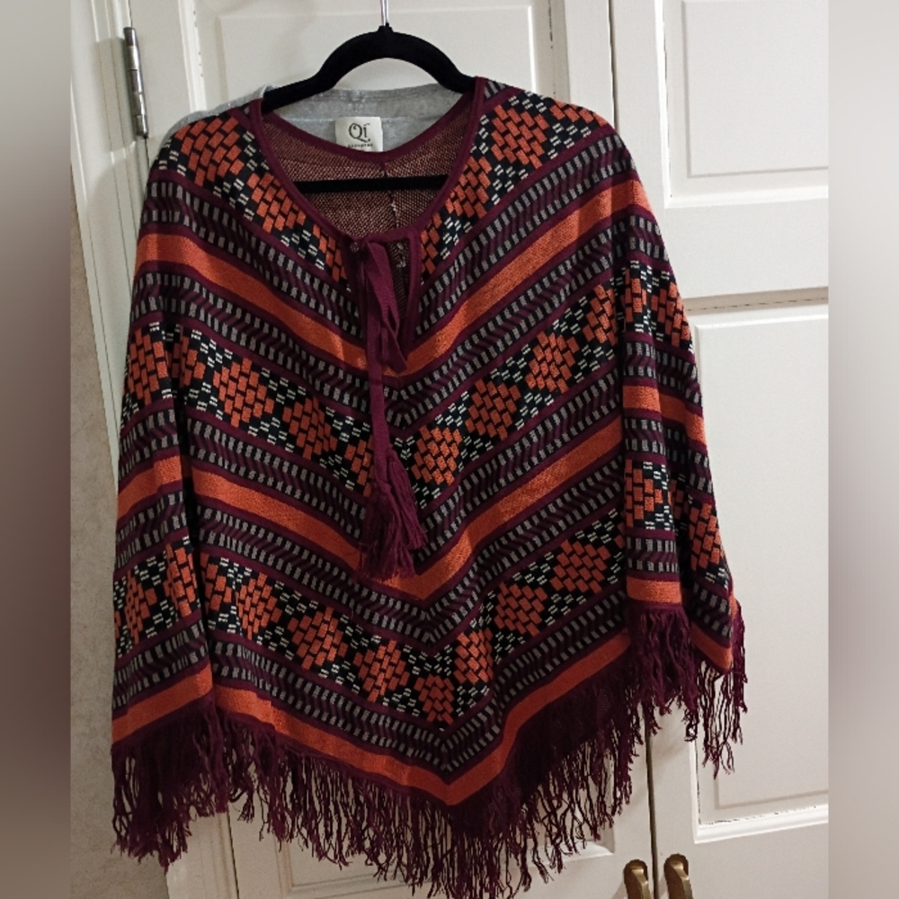 Women's Multicolor Patterned Sweater Poncho. - Picture 1 of 5